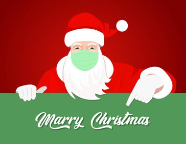 Coronavirus Xmas konsepti. Yüzü maskeli Noel Baba kırmızı arkaplan çiziminde büyük tabelası olan Mutlu Noeller mesajı gösteriyor. Noel Baba maske takıyor ve COVID-19 sırasında Mutlu Yıllar diyor.