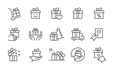 Hediye kutusu simgeleri, örneğin hediye, indirim, paket, kurdele ve daha fazlası. Vektör çizimi. Düzenlenebilir vuruş.
