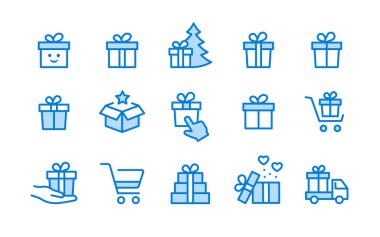 Hediye kutusu simgeleri, örneğin hediye, indirim, paket, kurdele ve daha fazlası. Vektör çizimi. Düzenlenebilir vuruş.