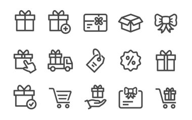 Hediye kutusu simgeleri, örneğin hediye, indirim, paket, kurdele ve daha fazlası. Grafik ve web tasarımı için izole edilmiş vektör illüstrasyonu.