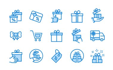 Hediye kutusu simgeleri, örneğin hediye, indirim, paket, kurdele ve daha fazlası. Vektör illüstrasyonu.