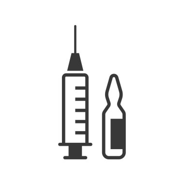 Aşı ve şırınga ikonu. Vektör illüstrasyonu beyazda izole edildi.