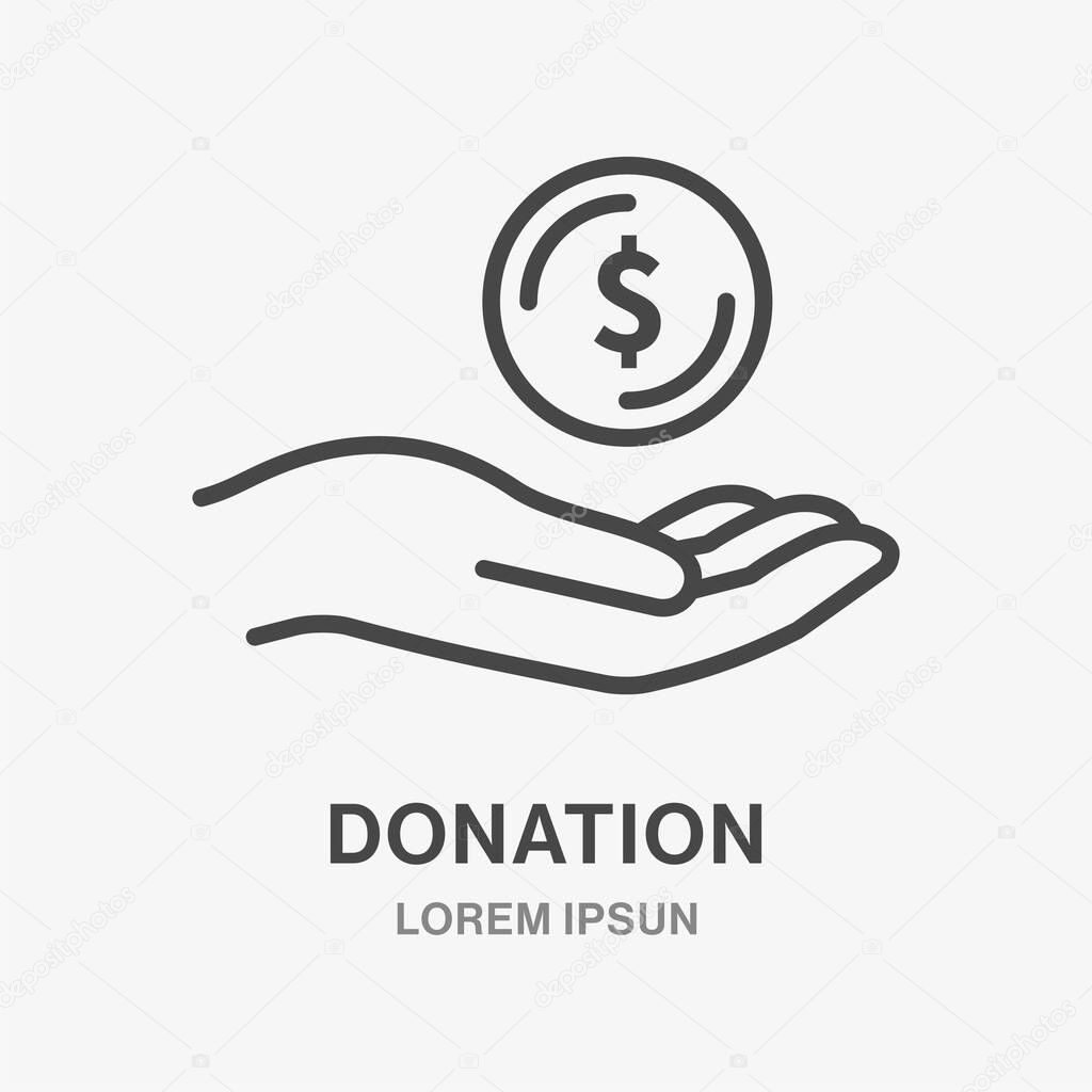 Hand with a coin line icon. Vector illustration.