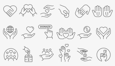 Charity icon set. Collection of donate, volunteer, care and more. Black vector illustration. Editable stroke. clipart