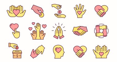 Bağış simgesi seti. Bağış, sadakat, ilgi ve daha fazlası. Düz vektör illüstrasyonu.