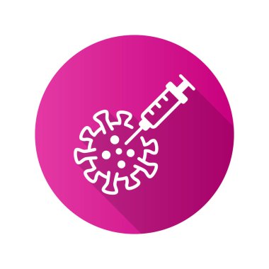 Aşı ve koronavirüs ikonu. Grafik ve web tasarımı için izole edilmiş uzun gölgeli basit illüstrasyon.