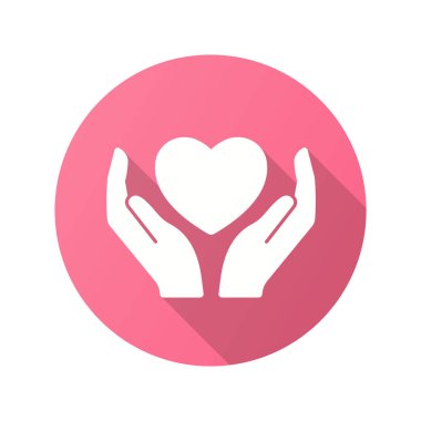 Kalp el ikonunda. Grafik ve web tasarımı için izole edilmiş uzun gölgeli basit illüstrasyon.