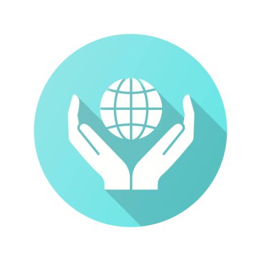 Globe in hands icon. Simple illustration with long shadow isolated for graphic and web design.