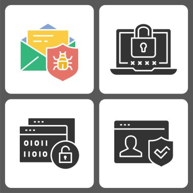 Siber güvenlik sembolleri. Vektör illüstrasyonu beyazda izole edildi.