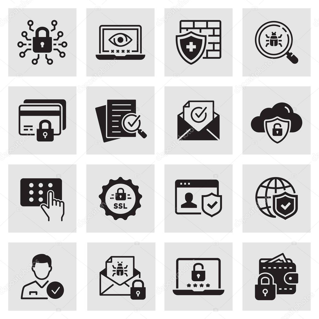 Cyber security icons, such as email virus threat, digital key, verification and more.