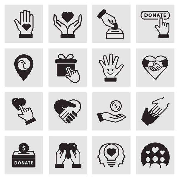 Набор значков благотворительности. Сбор пожертвований, добровольцев, партнерство, надежда и многое другое. Чёрный вектор.
