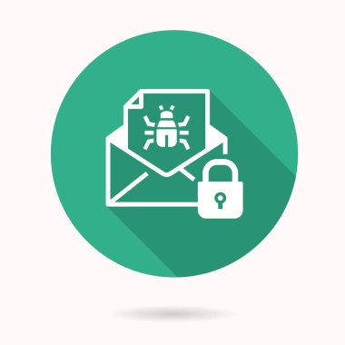 E- posta virüsü tehdit simgesi. Grafik ve web tasarımı için izole edilmiş uzun gölgeli basit illüstrasyon.