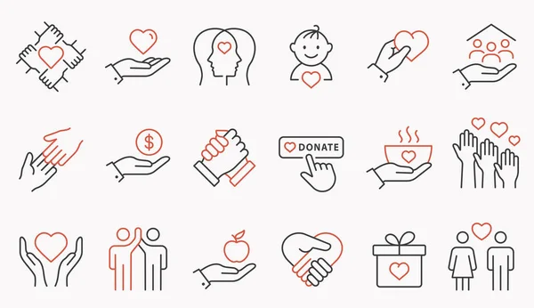 Conjunto Iconos Línea Caridad Recogida Apretón Manos Donar Voluntariado Ayuda — Archivo Imágenes Vectoriales