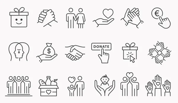 Conjunto Iconos Línea Caridad Recogida Apretón Manos Donar Mano Ayuda — Archivo Imágenes Vectoriales