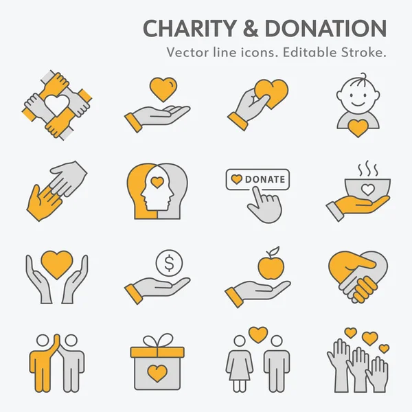 Набор Значков Благотворительной Линии Сбор Пожертвований Добровольцев Помощь Доверие Многое — стоковый вектор