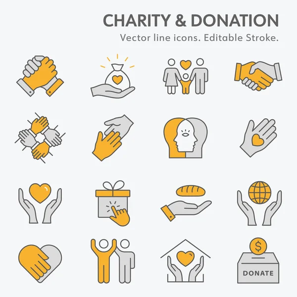 Charity Line Icon Set Collection Donate Trust Help Solidarity More — Stock Vector