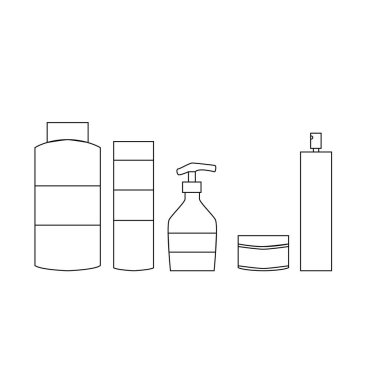 Saç bakım seti, şampuan, merhem, maske ve cilalama. Kuaför aracı ana hatları izole simge