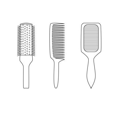 Farklı saç tarağı ve fırçayla ayarlanmış. Kuaför aracı ana hatları izoletli vektör simgesi
