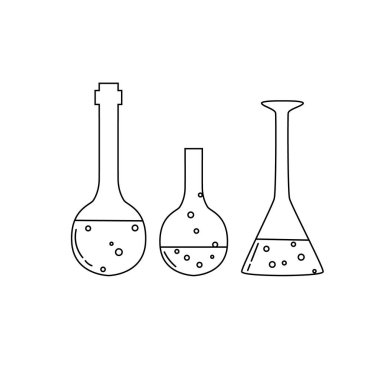 Tıbbi laboratuvar malzemeleriyle hazır. Şişelerle. boyanmış vektör ana hatları çizimi