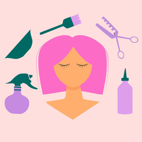 beautiful women with pink and close eyes.There are hairdressing tools hair spray,scissors,dye around her head.Pink background. Flat vector illustration.Beauty salon, hairdresser concept.