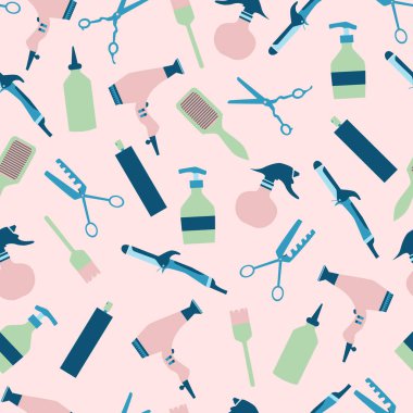 Renkli kuaför aletleri saç maşası, saç maşası, saç kesimi, saç spreyi ve saç spreyi. Düz vektör illüstrasyonu.