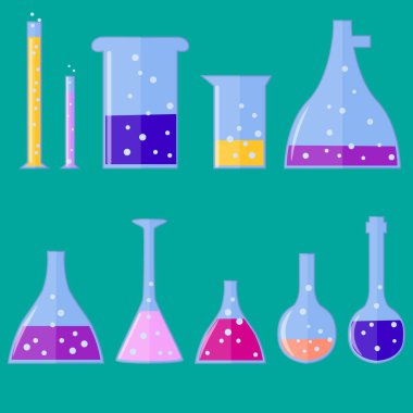 Tıbbi laboratuvar ekipmanlarıyla hazır. Test tüpü, kavanozlar, şişeler, şişeler ve test tüpü tutacağı. sollu vektör düz illüstrasyon