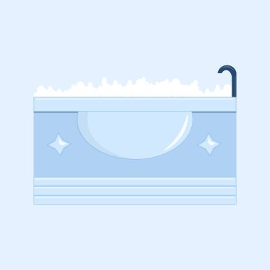 İçinde köpük köpükler olan küvet. Banyo içi. Mavi arkaplanda düz vektör illüstrasyonu.