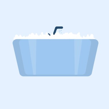 İçinde köpük köpükler olan küvet. Banyo içi. Mavi arkaplanda düz vektör illüstrasyonu.
