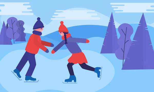 Mujeres Hombres Pista Patinaje Paisaje Nieve Actividades Invernales Deportes Vacaciones — Vector de stock