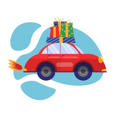 Tepesinde küçük kırmızı retro araba var. Noel, yeni yıl, doğum günü konsepti. Tatil için hazırlık. Düz vektör illüstrasyonu