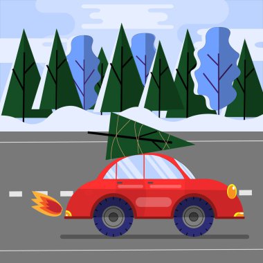 Tepesinde Noel ağacı köknarı olan küçük kırmızı bir retro araba. Kış manzarası. Noel ve Yeni Yıl konsepti. Ormandan geçen yol. Tatil için hazırlık. Düz Çizim.