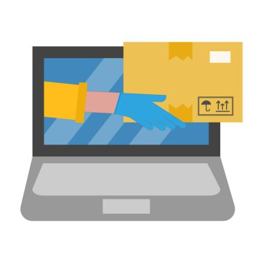 Paket, teslimat, onlaine siparişi, alışveriş, ecommerce konsepti. Güvenli teslimat, eldivenli eller paketi defterden geçirin. Web siteleri için sembol, mobil uygulama. Düz vektör illüstrasyonu