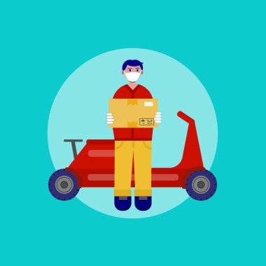 Safe delivery sevice. Young courier on a red scooter delivering parcel to the home of customer with protective mask and gloves. Online order, food or piizza service concept. Vector flat illustration