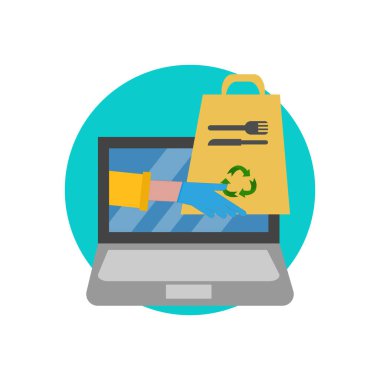 Paket, teslimat, onlaine siparişi, alışveriş, ecommerce konsepti. Güvenli teslimat, eldivenli eller, içinde yiyecek olan çantayı deftere geçir. Web siteleri için sembol, mobil uygulama. Düz vektör illüstrasyonu