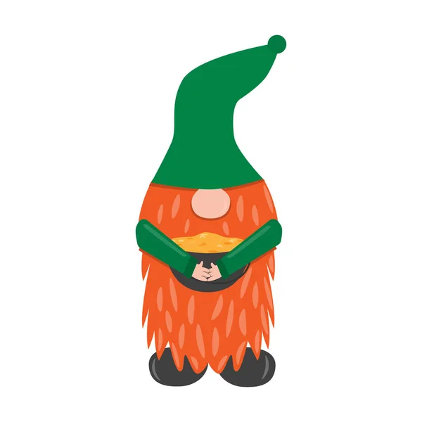 Leprechaun Dnia Patryka Cute Zabawny Krasnal Ogrodowy Trzymając Garnek Złotem — Wektor stockowy