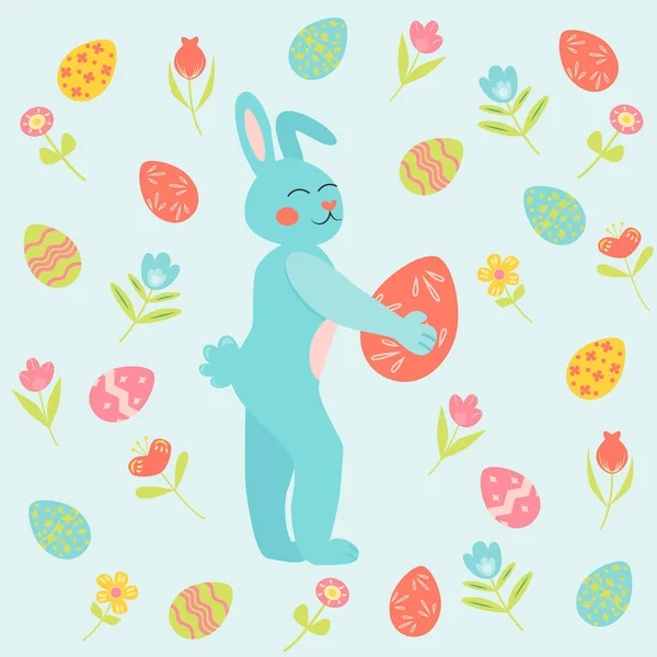 Концепция Пасхи Кроликом Пасхальным Кроликом Цветами Яйцами Перфект Праздничного Оформления — стоковый вектор