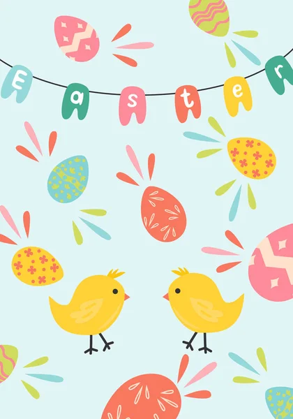 Открытка Двумя Курицами Яйцами Пасхальная Концепция Плоская Векторная Иллюстрация — стоковый вектор