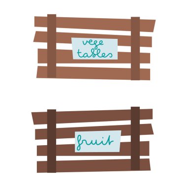 Meyve ve sebzeler için boş ahşap sandık. Beyaz arka planda izole edilmiş. Düz vektör kutusu illüstrasyonu
