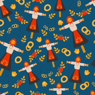 Geleneksel Karnaval 'ın kusursuz şablonu, Korkuluklu Rus Krep Haftası. Tercümesi Shrovetide veya Maslenitsa. Bahar festivali. Geleneksel Rus sembolleri koleksiyonu. Düz vektör illüstrasyonu