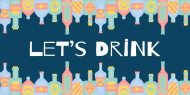 Bar menüsü, farklı içki şişeleriyle konsept içelim. Parti, bar, restorasyon ya da kulüp afişi. Alkol kuyruğu. Vektör düz resimleme