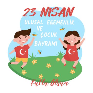 Türkiye 'de 23 Nisan Ulusal Egemenlik ve Çocuk Günü için vektör düz çizim. Türkçe çeviri: 23 nisan cocuk bayrami