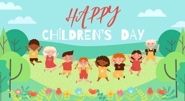 Concepto Del Día Los Niños Felices Ilustración Vectorial Dibujos Animados — Vector de stock