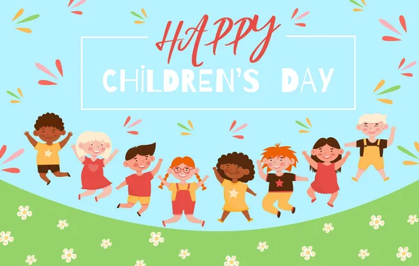 Happy childrens day concept. Cartoon illustration with jumping happy smiling kids. —  Vetores de Stock