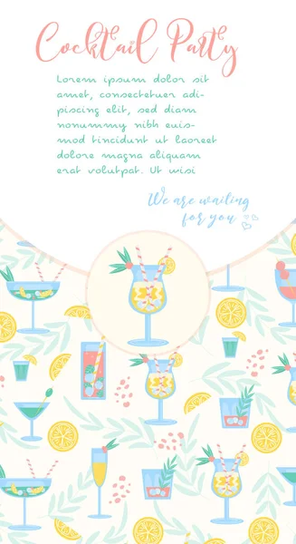 Коктейль Party Flyer Banner в модному кольорі. Літні напої з лимоном, ягодами, м'ятою, льодом і соломою. Партія, паб, відновлення тітки або запрошення клубу. свіжий і холодний алкогольний коктейль. Приклад вектора. — стоковий вектор