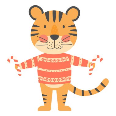 2022 'nin sembolü, kırmızı kazaklı, iki şekerli gülen kaplan. Yeni yıl maskotu. Beyaz arka planda izole edilmiş, sevimli gazi yassı hayvan karakteri.