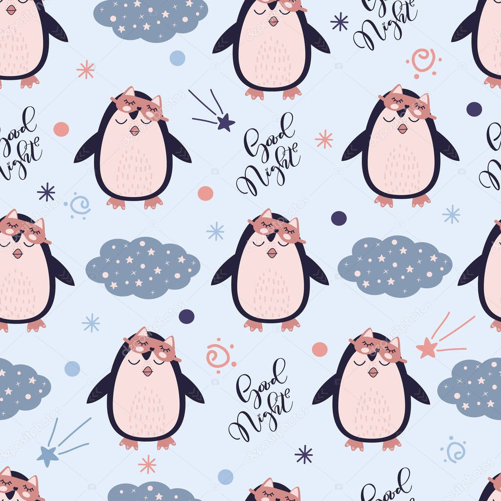 Seamless pattern with Cute Penguin in sleeping mask. Animal on the starry fantatic sky. Vector flat good nignt and sweet dreams concept