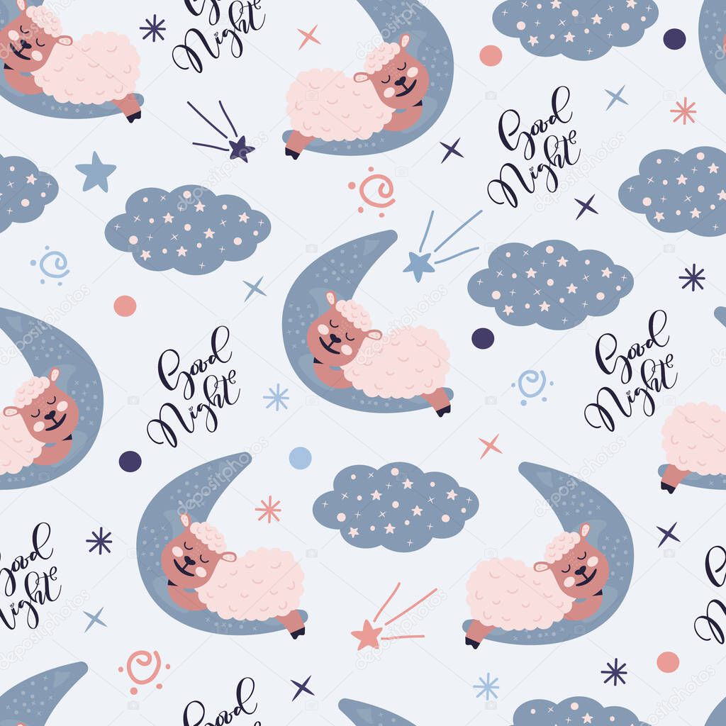 Seamless pattern with cute Sheep is sleeping on the moon. Lamb on the starry fantatic sky.Vector good nignt and sweet dreams concept