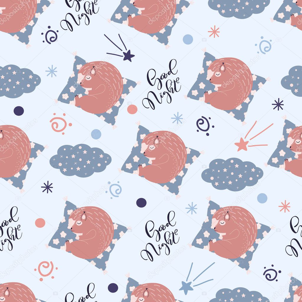 Seamless pattern with Cute squirrel sleep on a pillow. Animal on a the starry fantatic sky. Vector good nignt and sweet dreams concept