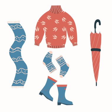 Autumn clothes set with rubber boots, umbrella, socks, sweater and scarf. Cozy vector elements. Flat illustration, isolated on a white background