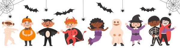 Conjunto de Halloween Kids Costume Party. Lindo diferentes nacionalitas niñas y niños en vampiro, murciélago, diablo, fantasma, sirena, momia, bruja de calabaza, traje de esqueleto. Personajes vectoriales para fiestas, invitaciones — Archivo Imágenes Vectoriales